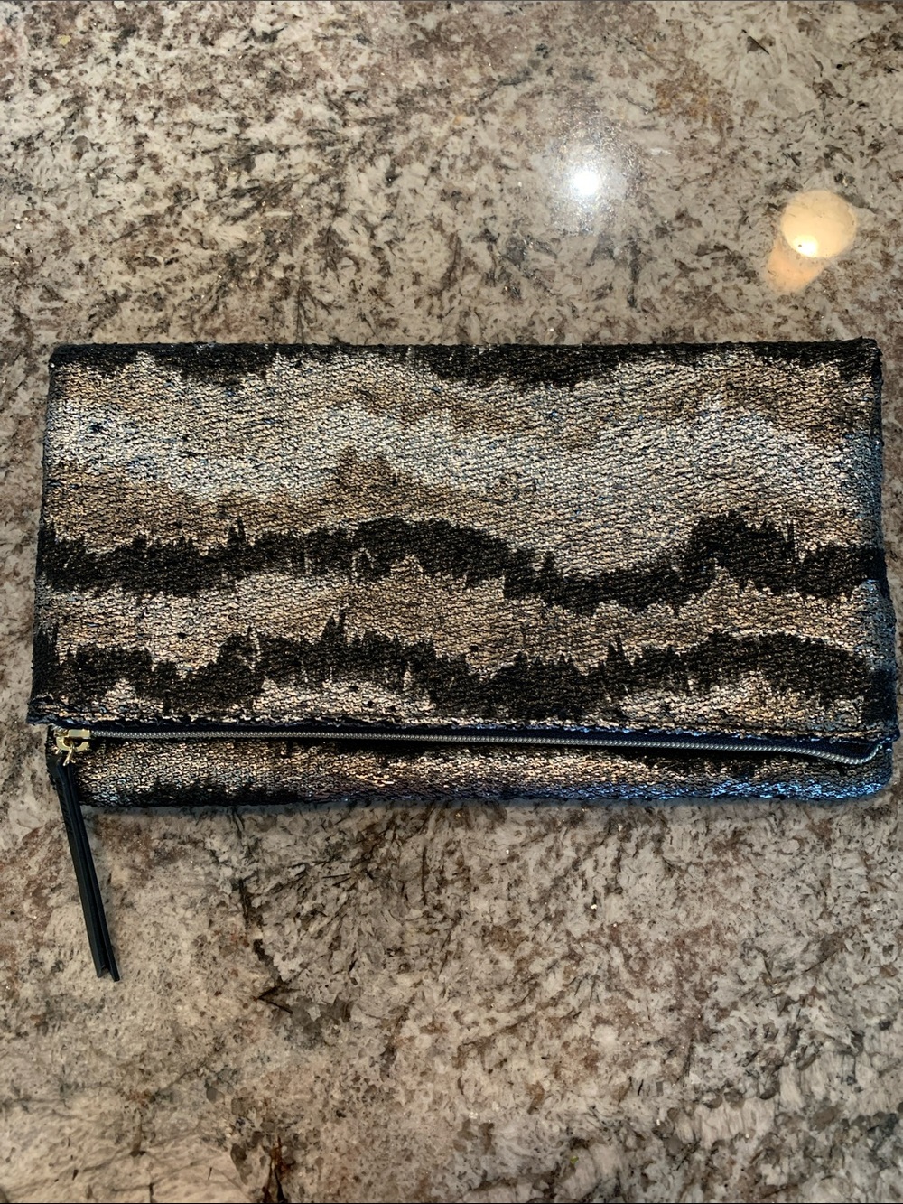 Sequin Foldover Clutch in Black and Gold